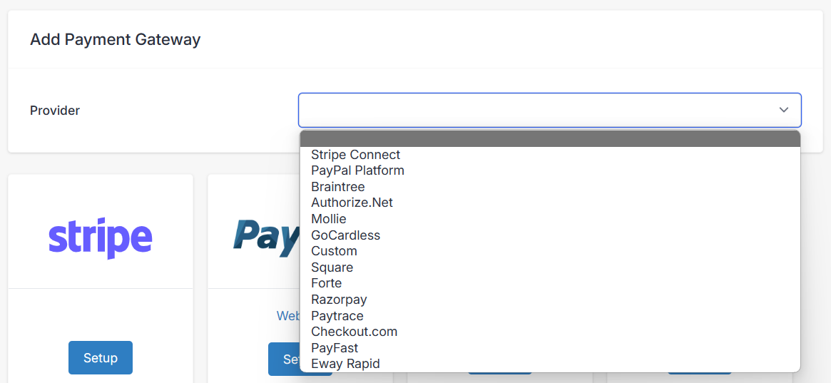 Add Payment Gateway dropdown list