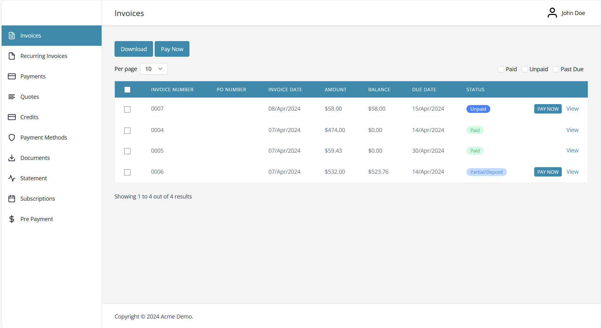 Client portal homescreen