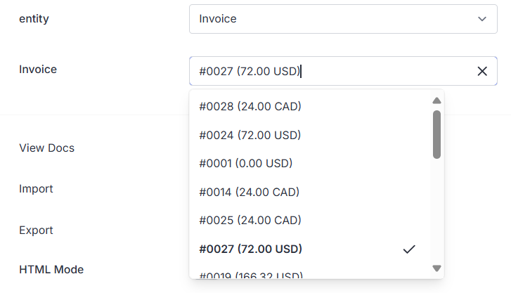 Selecting invoice entity example alt text