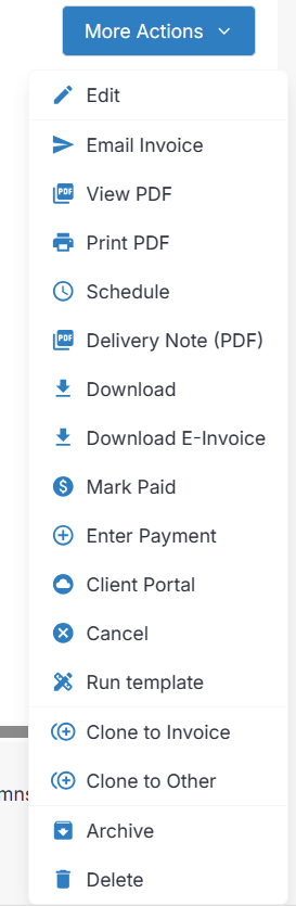 Invoice More Actions dropdown