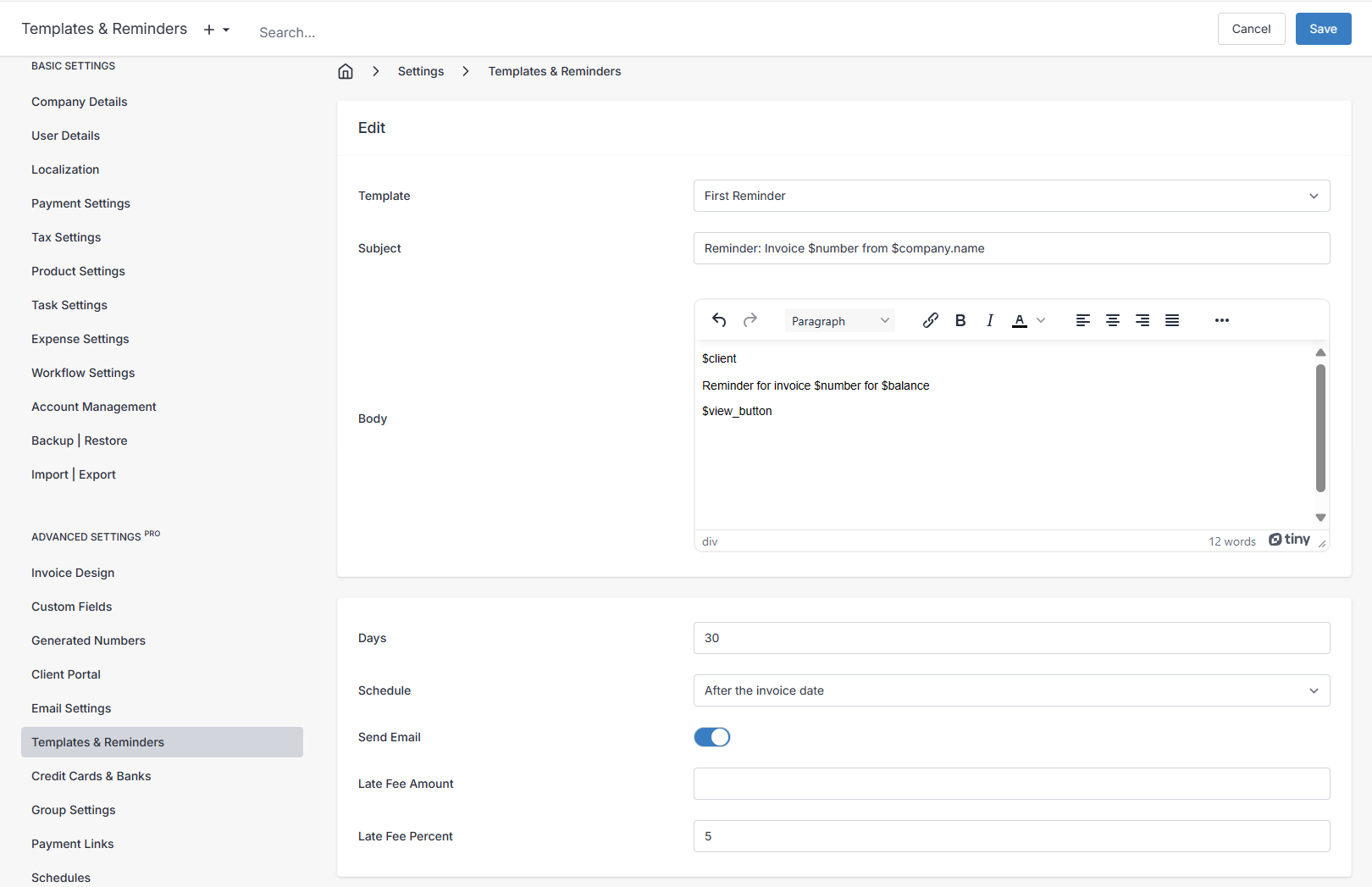 Late fees overdue invoices