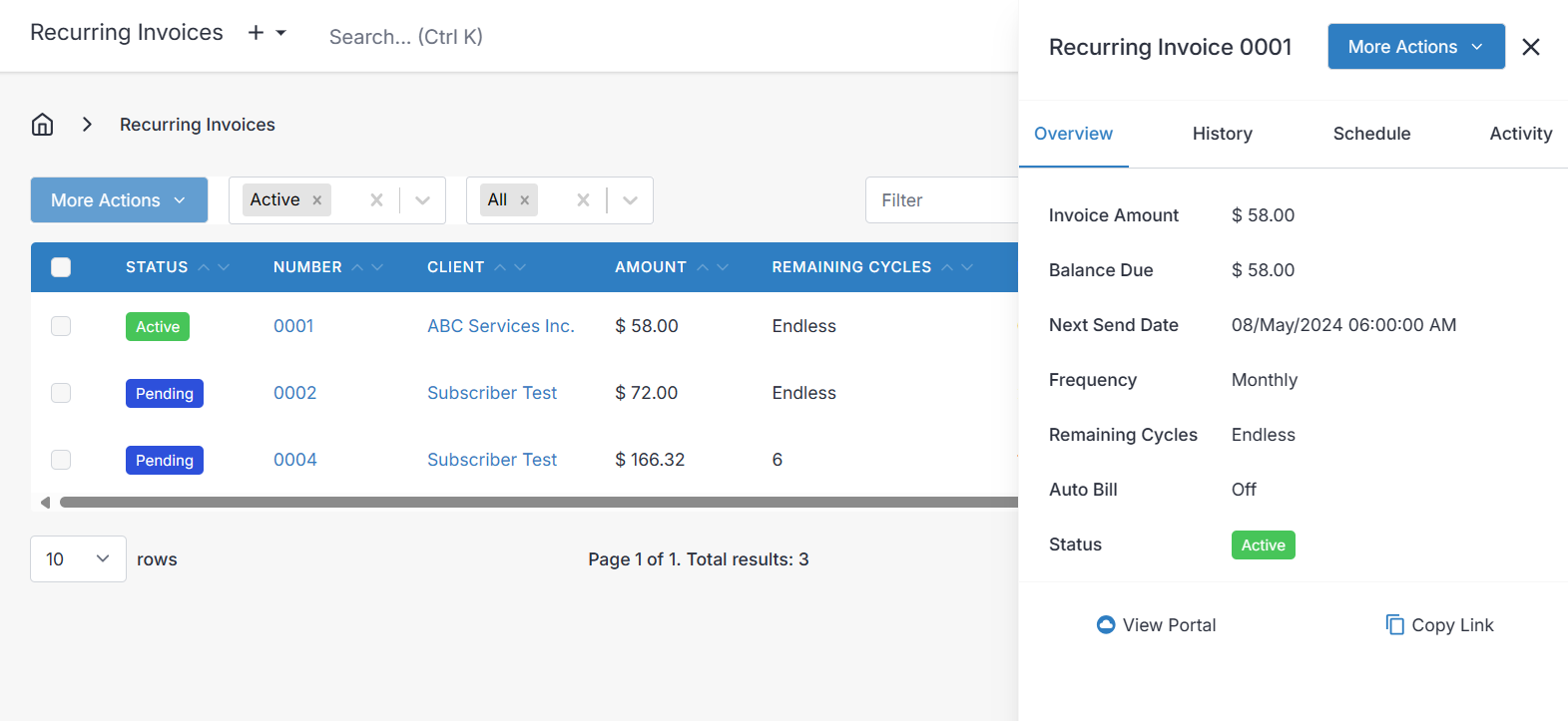 Recurring invoice overview pane