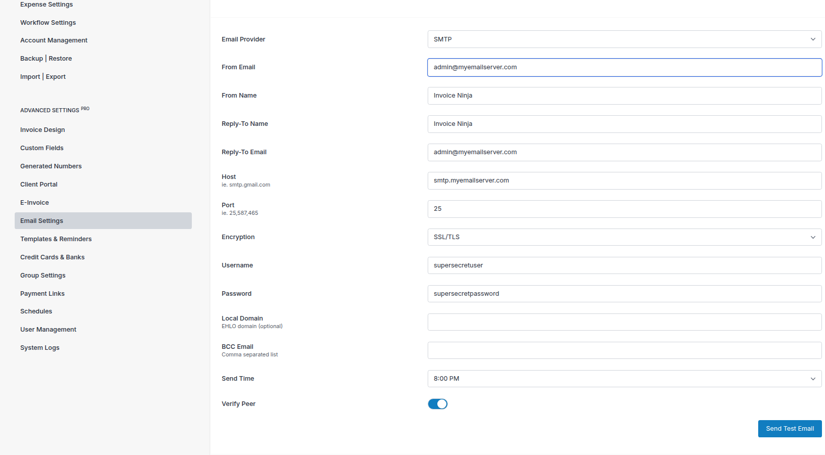 Configuration screen for SMTP Server alt text