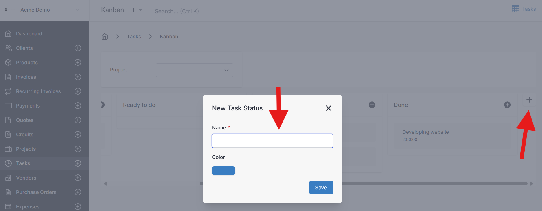 New task status from kanban