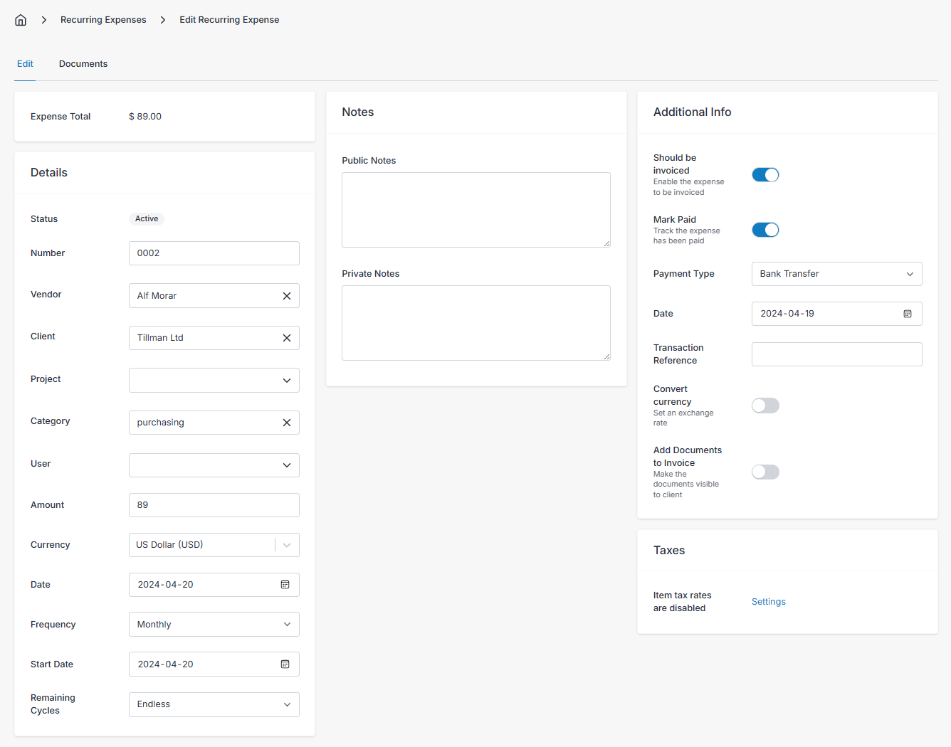 View recurring expense